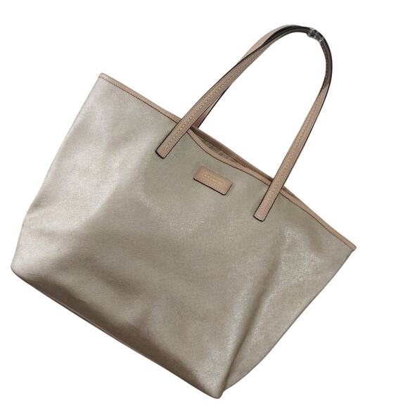 COACH! GOLD TEXTURED GENUINE LEATHER W/TAN, EXTRA LG OPEN TOP TOTE, PURSE, BAG! - Picture 1 of 13